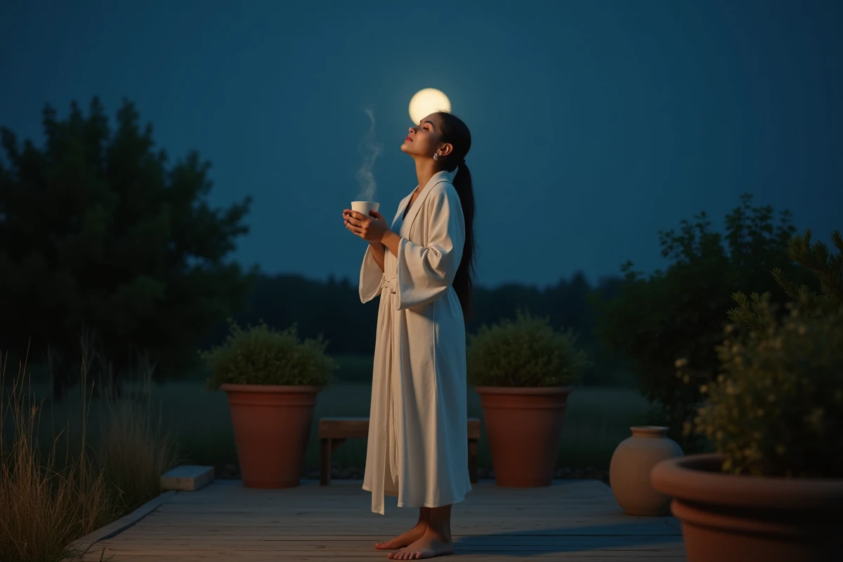 Femme en plein air sous la pleine lune tenant une tisane dans le cadre d'un rituel de détox nocturne
