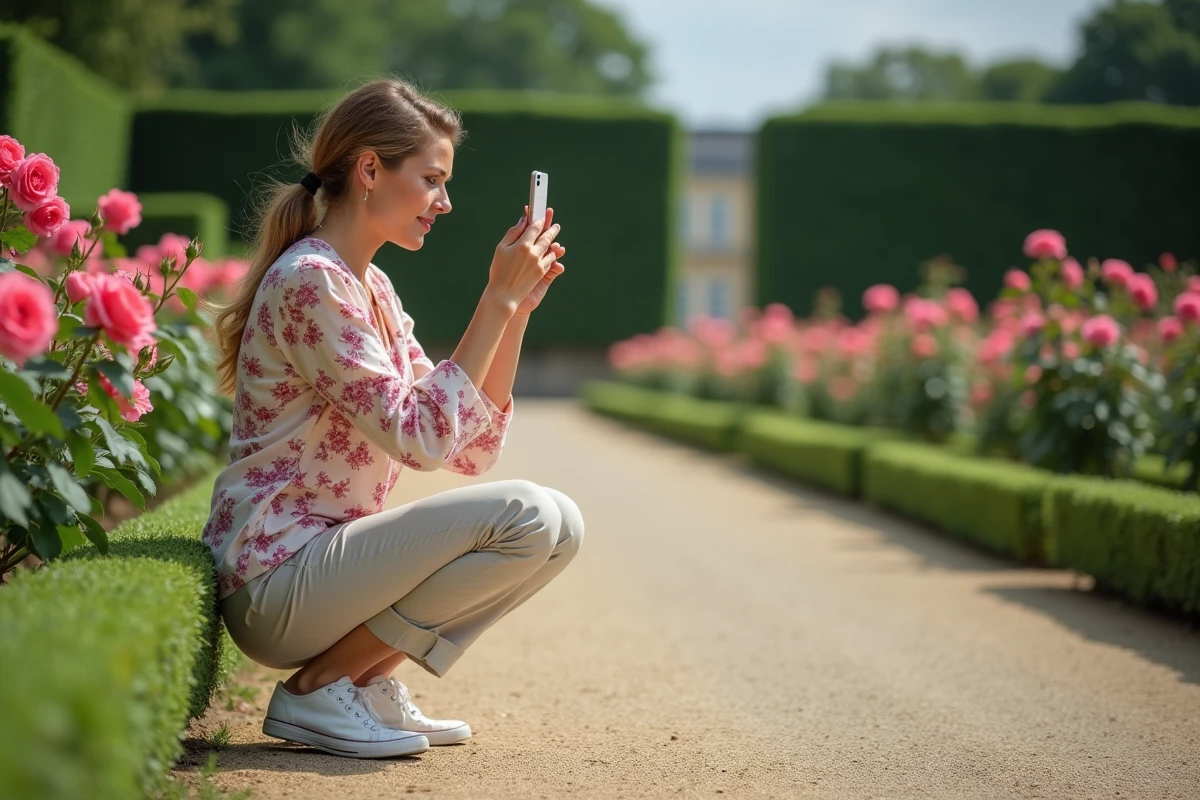 Femme photographiant les rosiers du jardin de Bagatelle avec une mauvaise composition sur smartphone