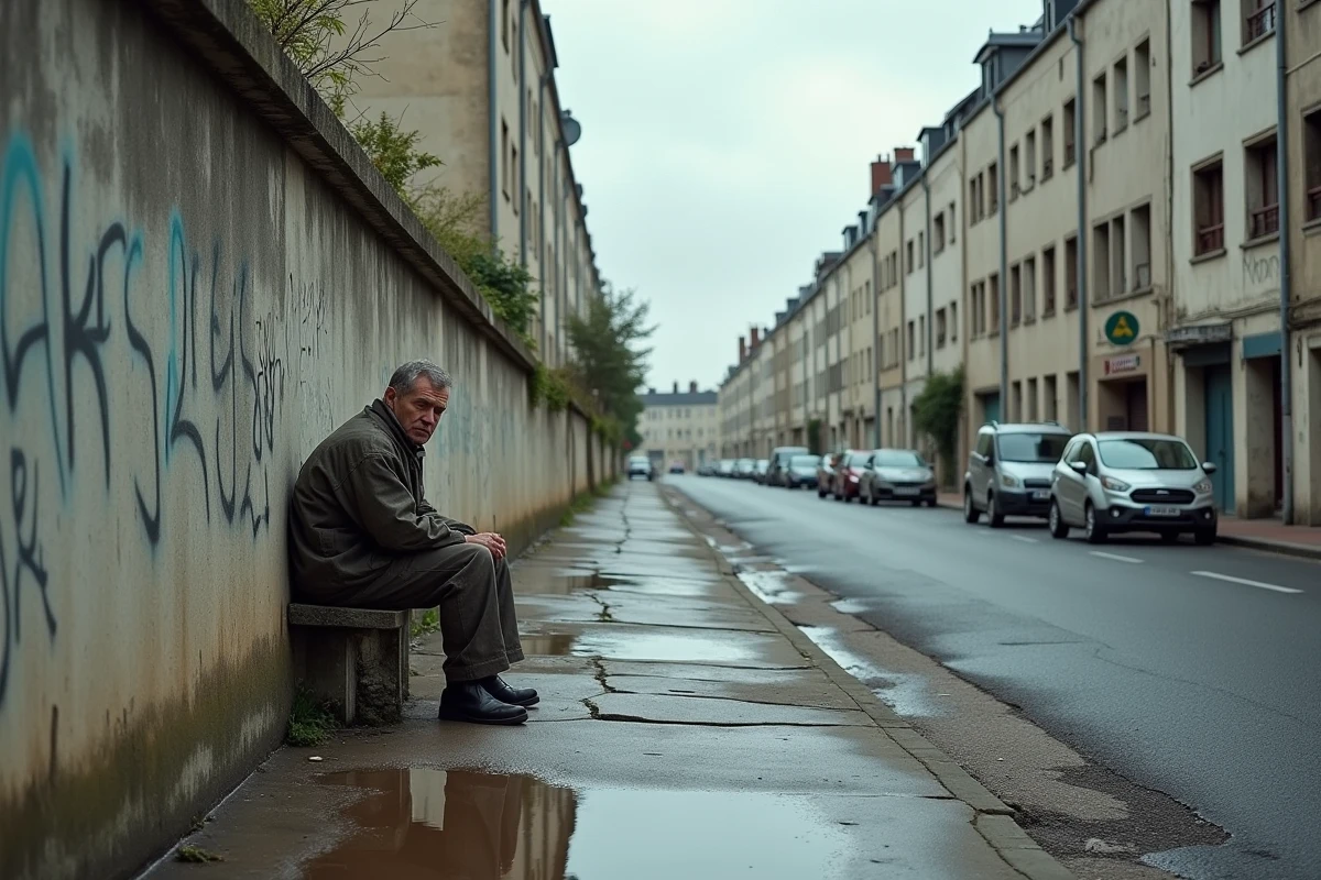 Homme assis sur un banc devant des immeubles d'après-guerre dégradés à Rouen avec graffitis et trottoirs fissurés, illustrant violences et précarité sociale