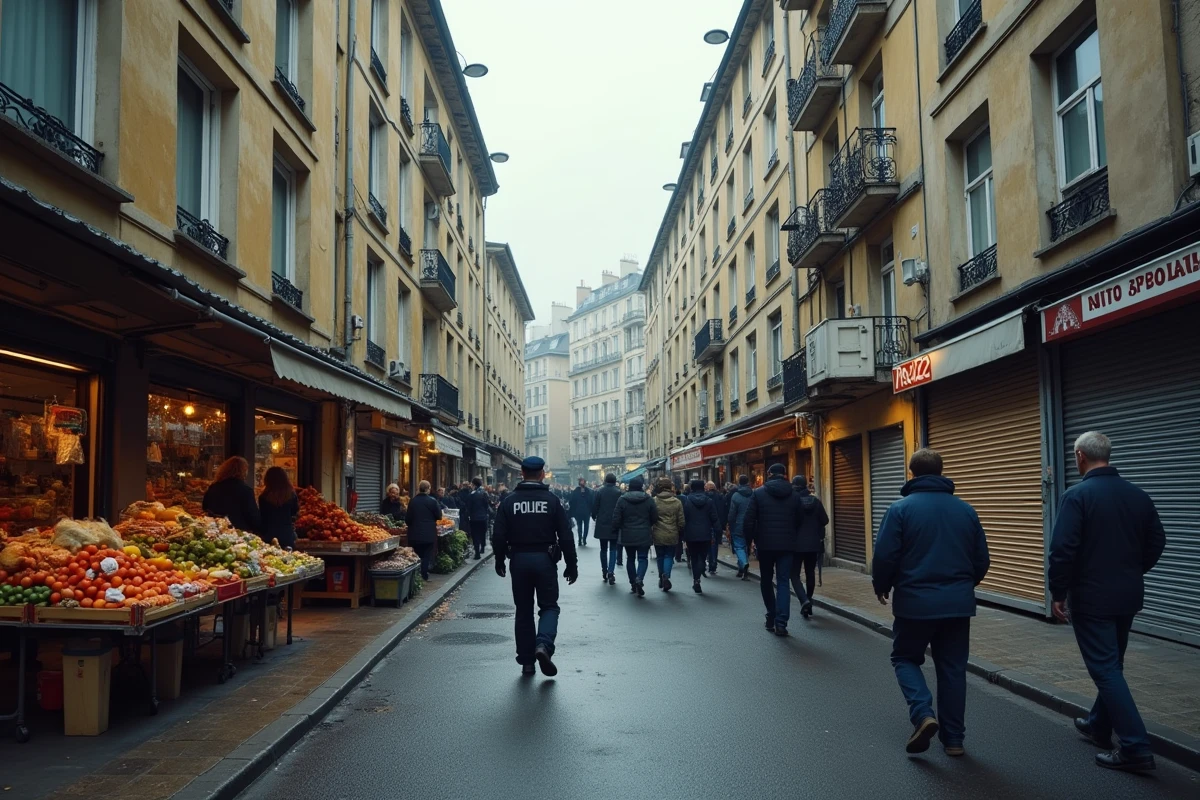 Rue animée de Saint-Denis avec HLM, étals de marché, graffitis et deux policiers en patrouille, illustrant le statut d'épicentre de la délinquance en Seine-Saint-Denis