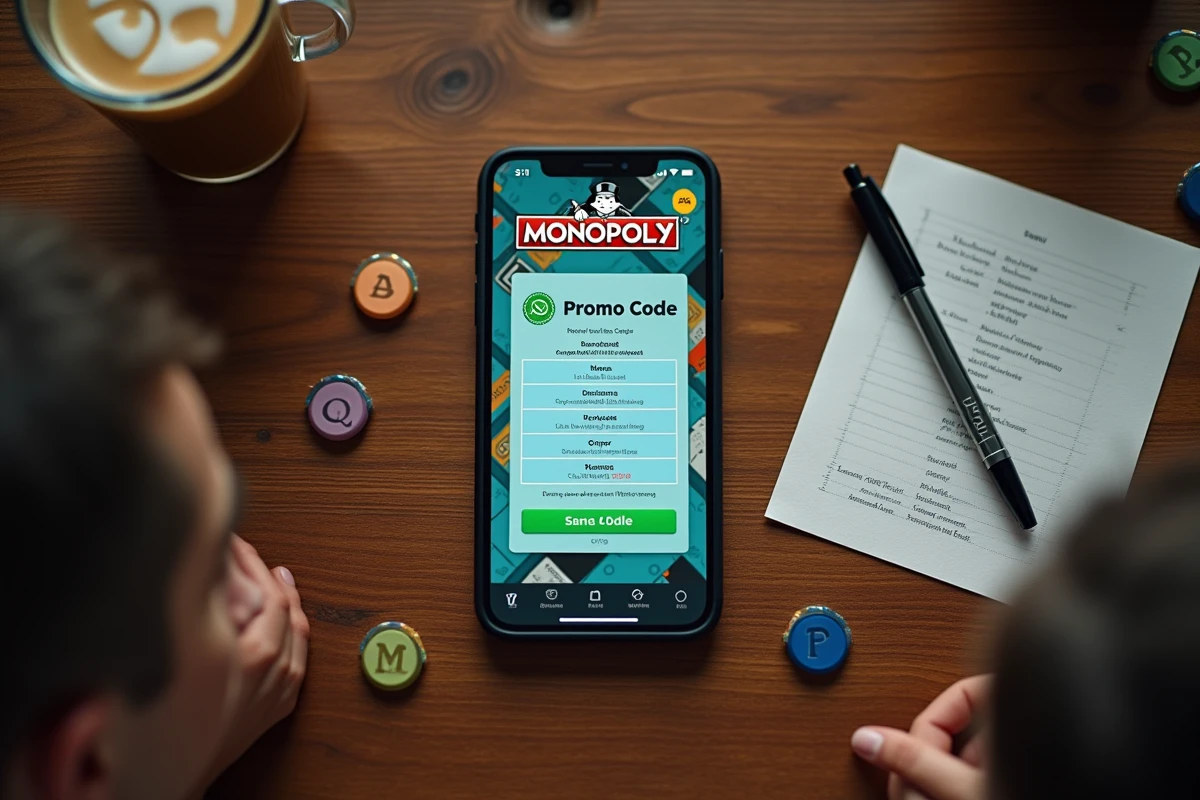 Vue a&eacute;rienne d'un smartphone affichant l'&eacute;cran de saisie de code promo Monopoly GO avec des jetons de jeu et une liste imprim&eacute;e