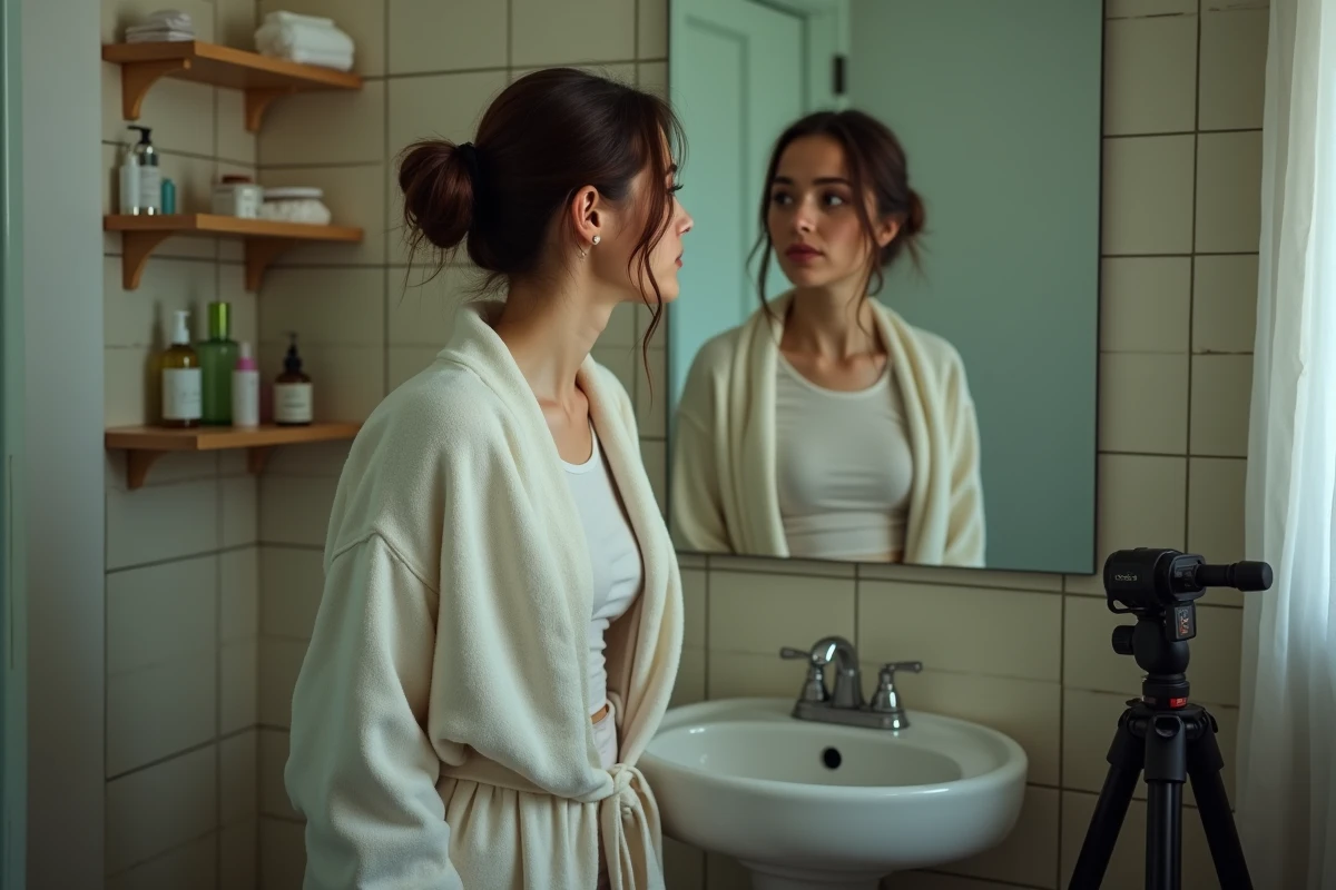Jeune créatrice de contenu TikTok observant son reflet dans un miroir de salle de bain, moment de vulnérabilité hors caméra