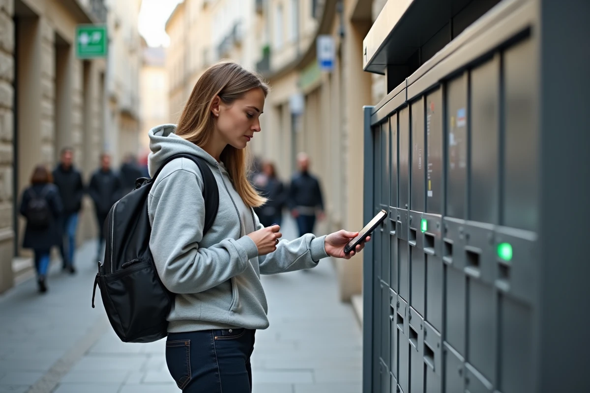 Jeune femme scannant un colis &agrave; une consigne automatique Mondial Relay en milieu urbain fran&ccedil;ais