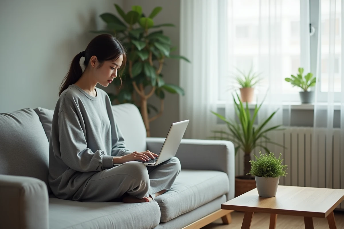 Jeune femme parcourant un site de scantrad manga sur son ordinateur portable dans un salon moderne