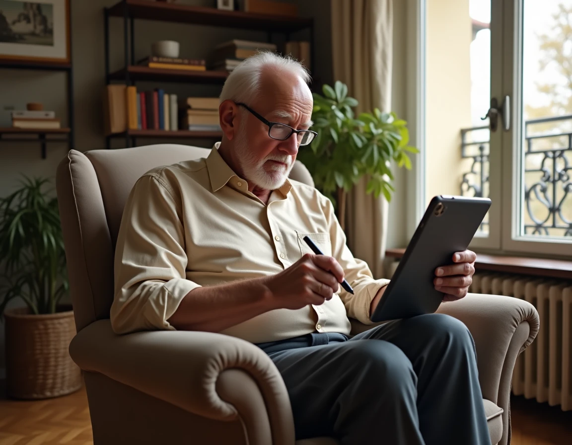 Personne âgée notant un numéro trouvé via l'annuaire 118 712 sur une tablette dans son salon