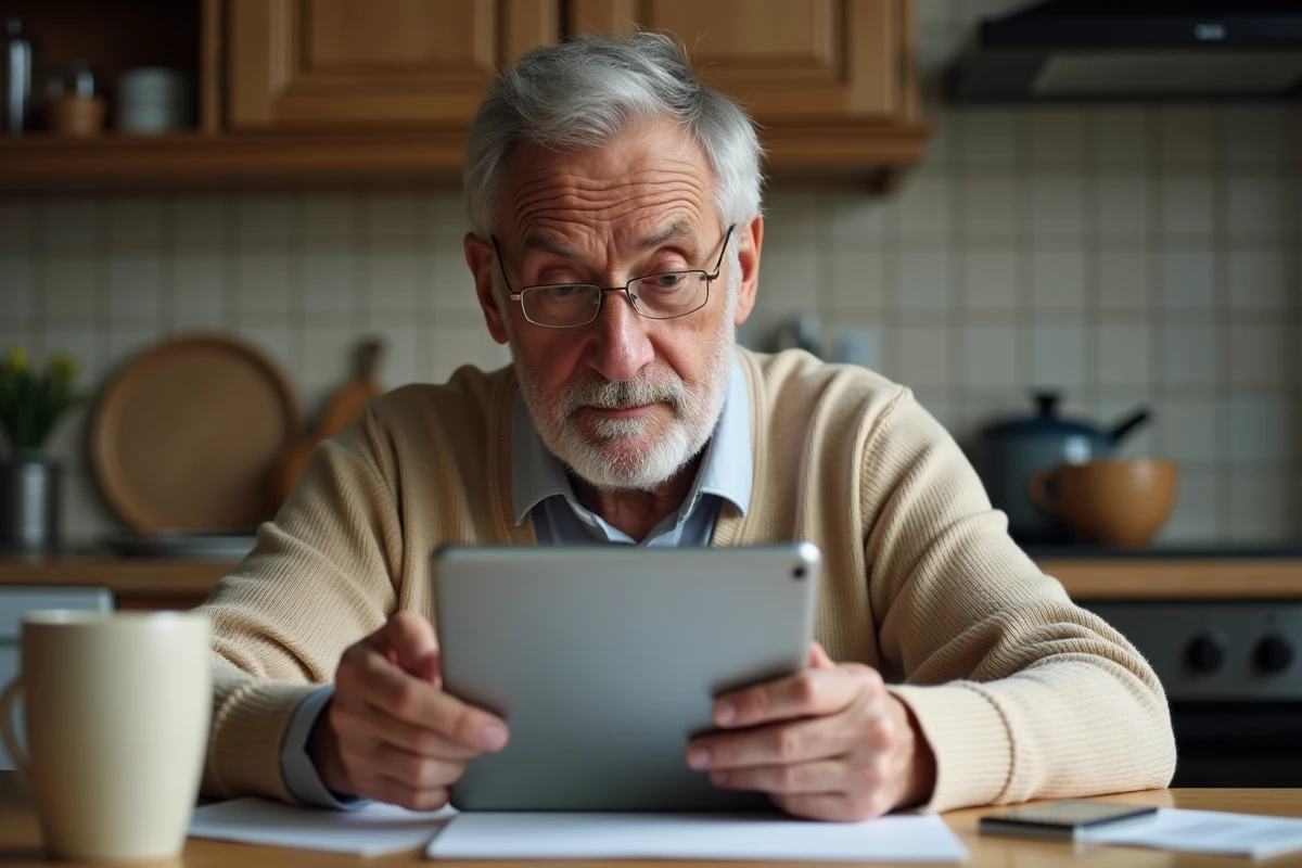 Senior consultant le portail Ant gouvernement sur une tablette num&eacute;rique dans une cuisine pour r&eacute;aliser ses d&eacute;marches administratives