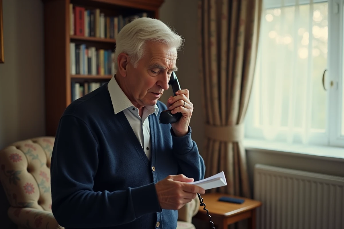 Senior utilisant un t&eacute;l&eacute;phone fixe pour contacter le service annuaire 118 712 depuis son salon