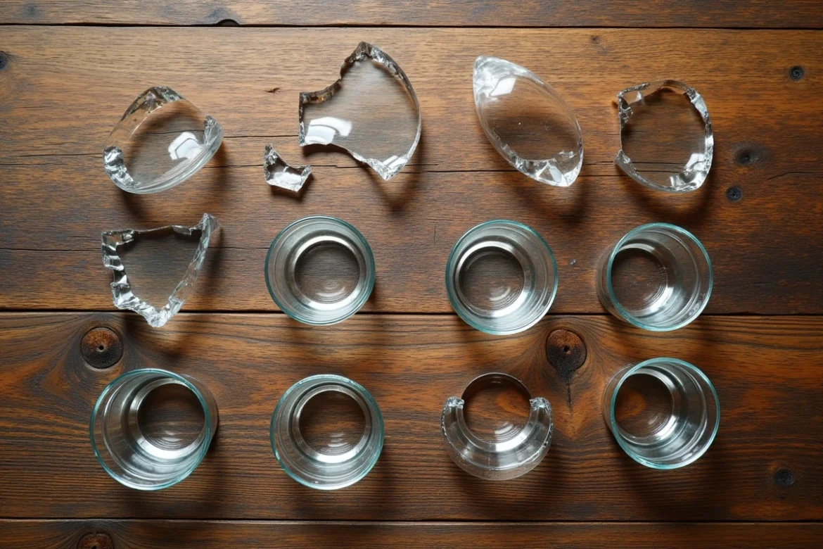 Vue de dessus de plusieurs verres blancs cass&eacute;s dispos&eacute;s sur une table en bois rustique, symbolisant une s&eacute;rie de bris r&eacute;p&eacute;t&eacute;s
