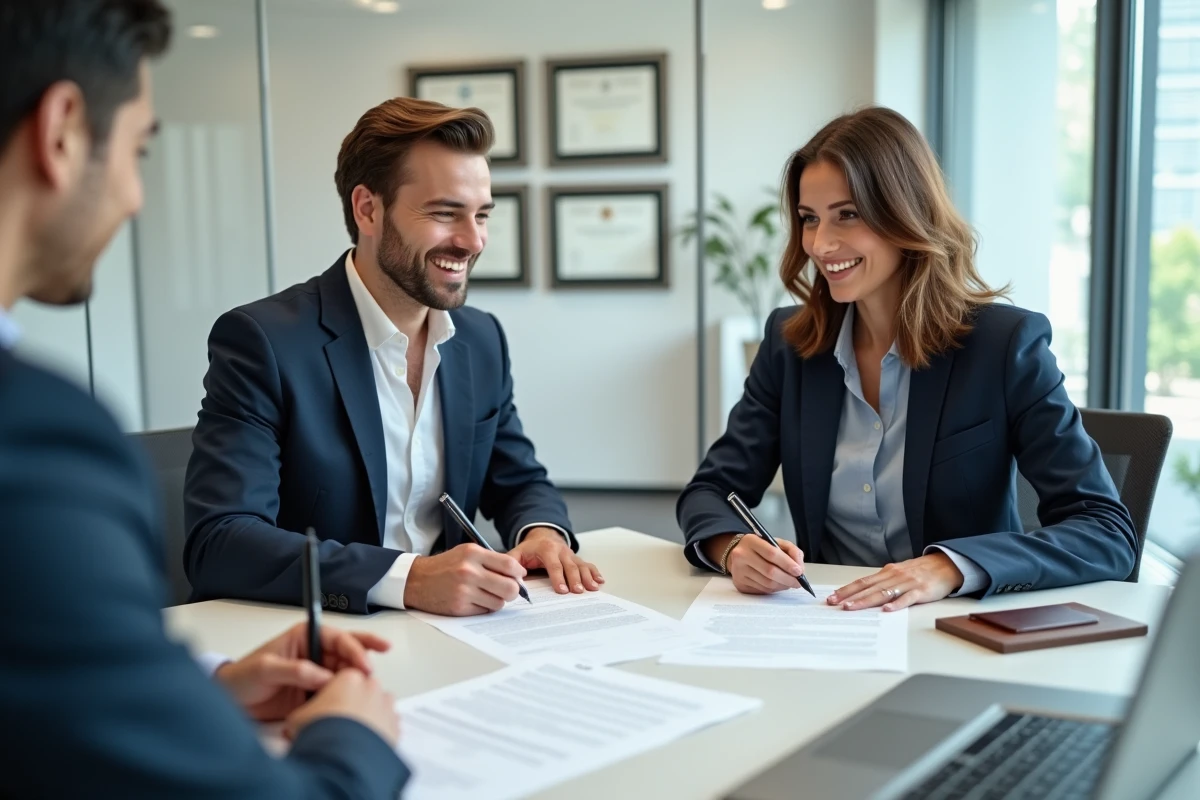 Couple signant un acte notarié officiel devant un notaire dans une étude moderne
