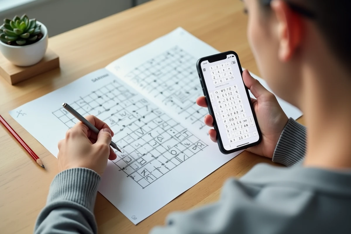 Mains tenant un smartphone avec une application d'aide aux mots fl&eacute;ch&eacute;s &agrave; c&ocirc;t&eacute; d'une grille imprim&eacute;e