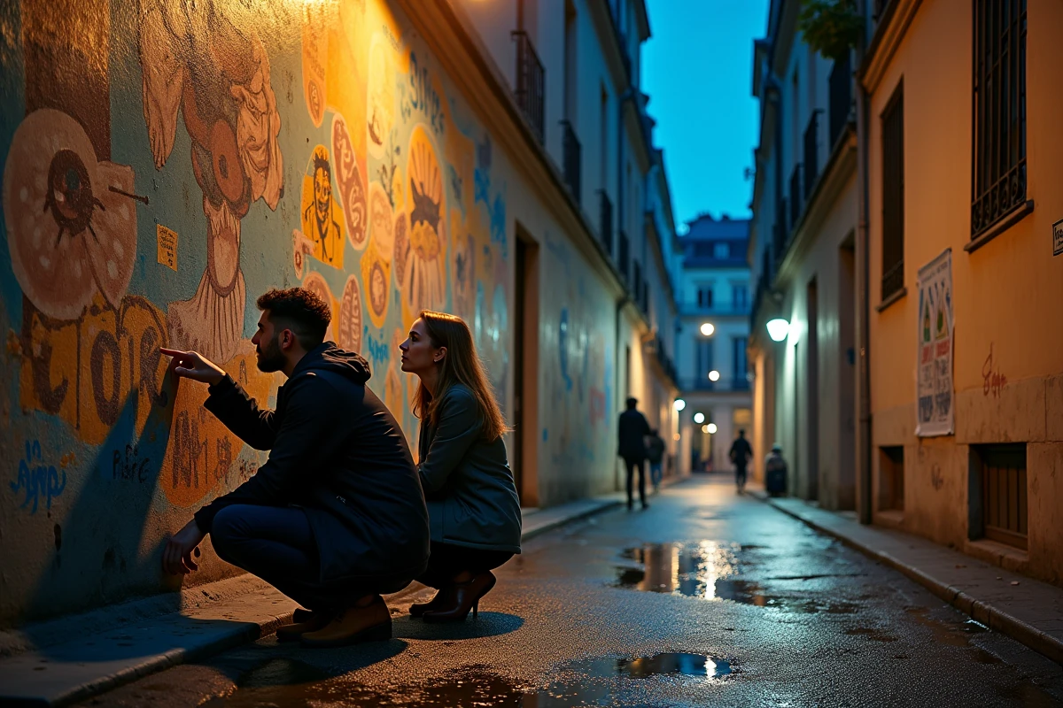 Deux personnes découvrant une fresque street art cachée dans une ruelle parisienne insolite la nuit