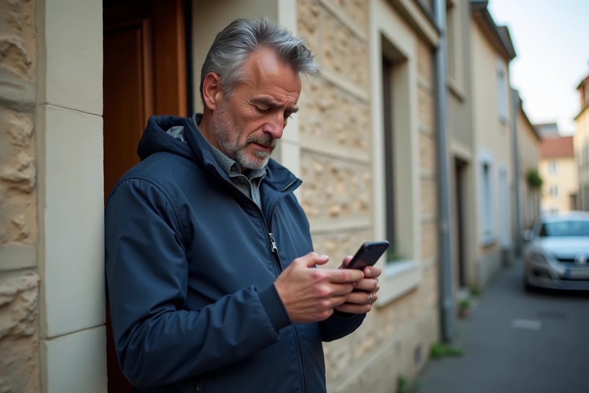 Homme vérifiant le suivi de colis GLS sans numéro sur smartphone devant sa porte d'entrée