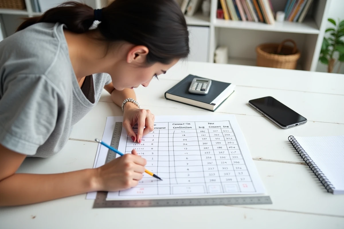 Femme consultant un tableau de conversion centimètres en pouces sur un bureau de travail DIY avec mètre ruban en acier