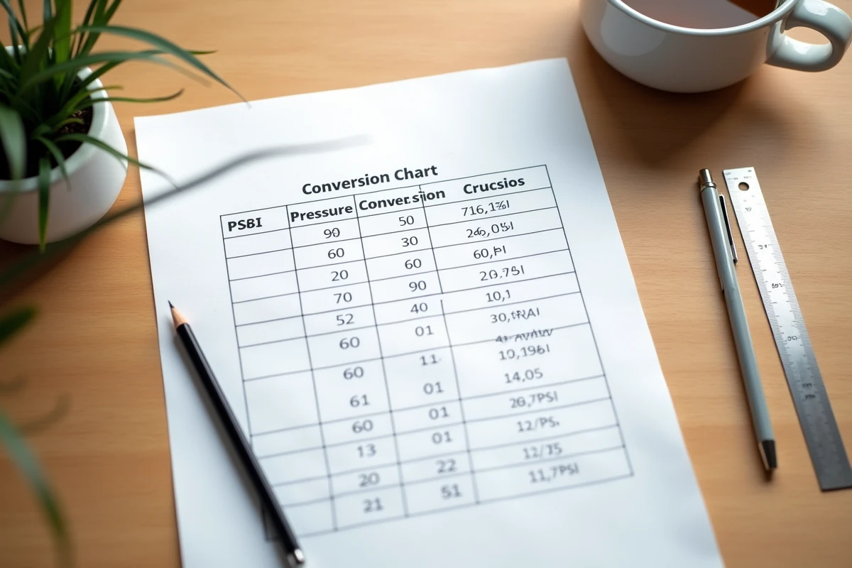 Tableau de conversion PSI en bar imprimé sur papier avec la valeur 69 PSI entourée au stylo, posé sur un bureau en bois
