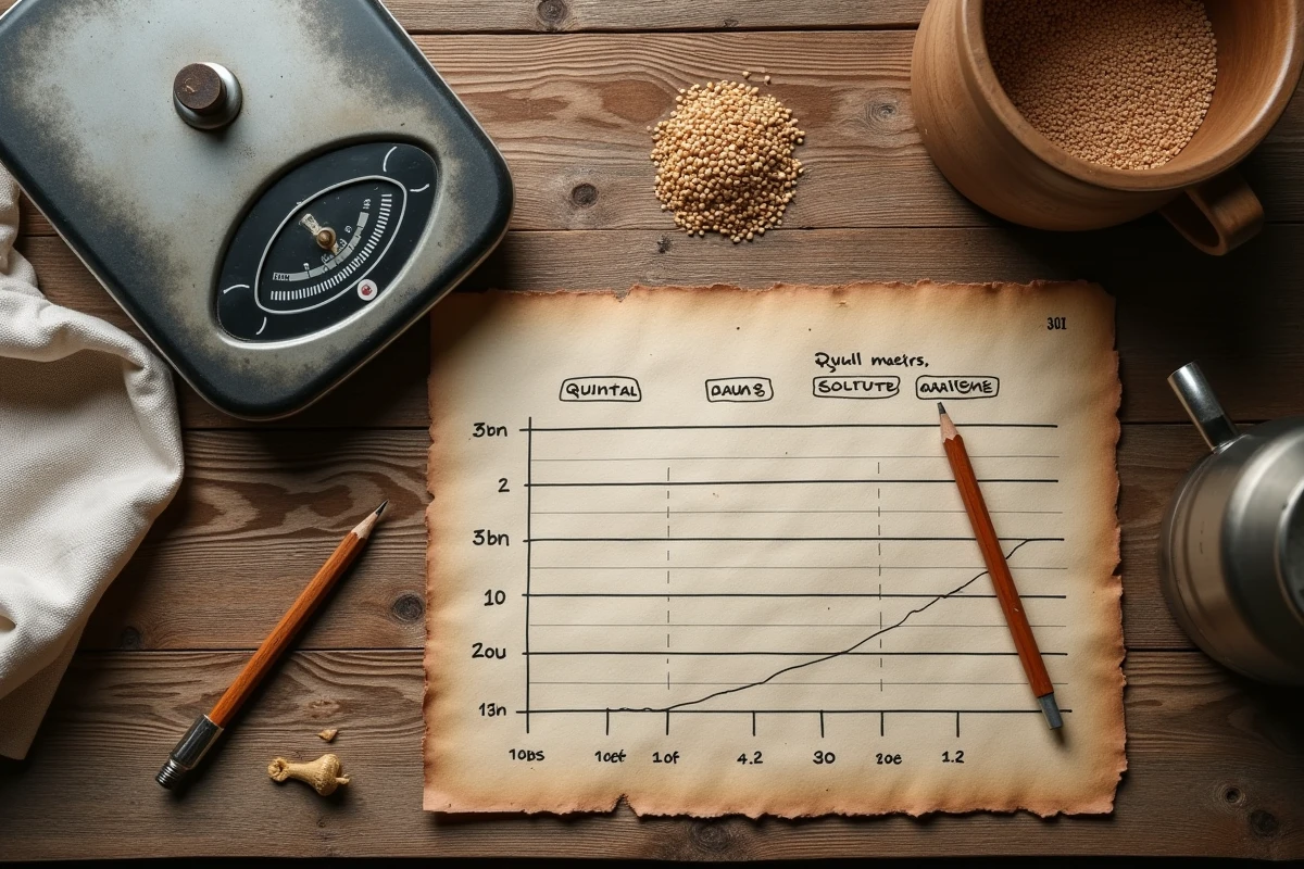 Vue a&eacute;rienne d'une table rustique avec une balance, des grains et un tableau de conversion quintaux en tonnes