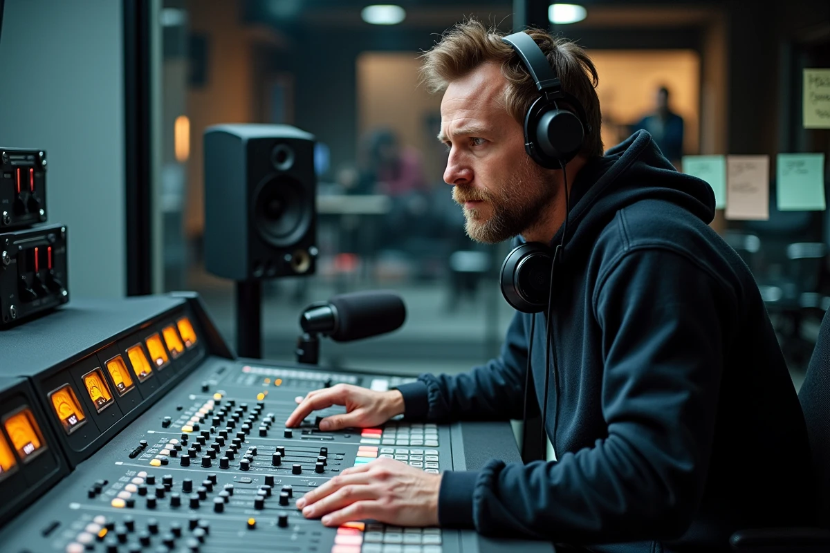 Technicien son en régie travaillant sur les coulisses d'un podcast radio avec console de mixage professionnelle