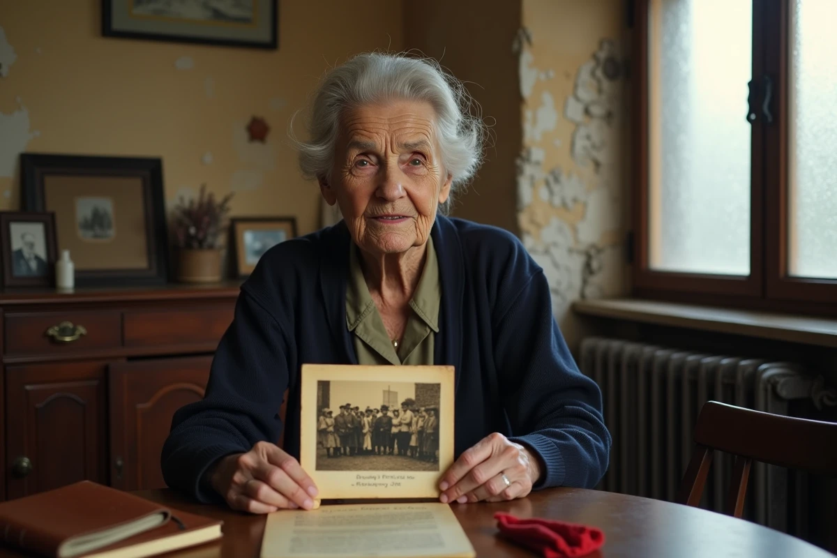 Femme âgée italienne tenant une photographie de résistants partisans des années 1940 dans un appartement romain traditionnel