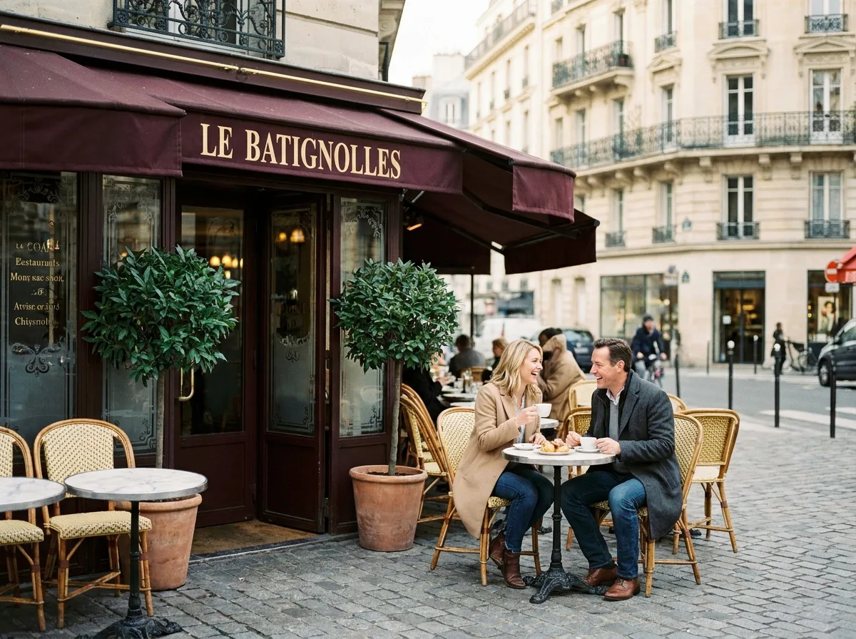 Terrasse de brasserie haut de gamme dans le quartier des Batignolles, 17e arrondissement de Paris, avec couple &eacute;l&eacute;gant