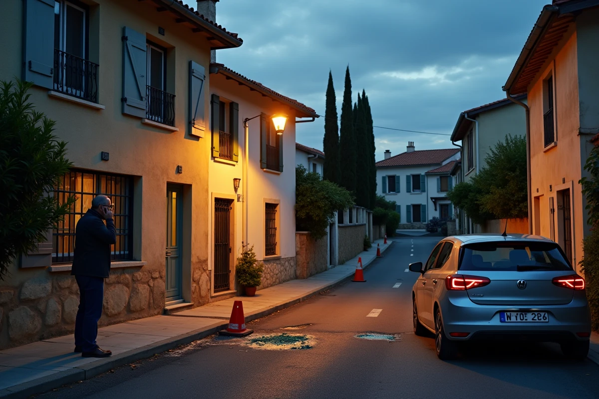 Rue résidentielle de Toulon avec voiture fracturée et propriétaire désemparé au téléphone, illustrant la hausse des cambriolages et agressions