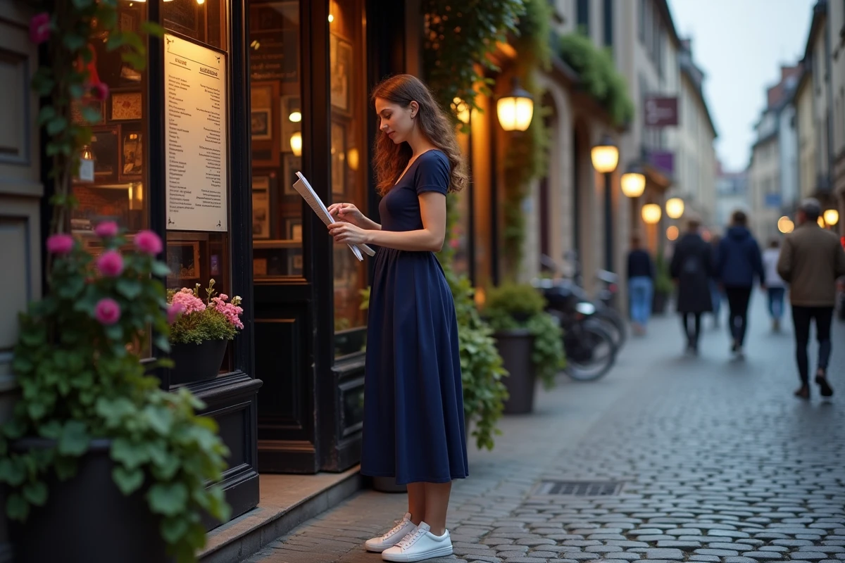 Femme lisant la carte tarifaire à l'entrée d'un bar danse strasbourgeois dans le quartier historique de Grande-Île