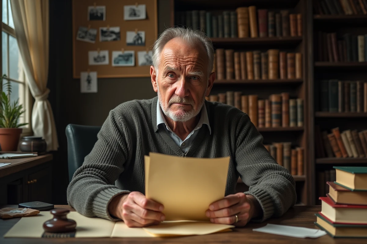 Vieil homme lisant une lettre r&eacute;v&eacute;latrice dans une &eacute;tude, symbolisant la d&eacute;couverte d'un mensonge et les le&ccedil;ons de la trahison