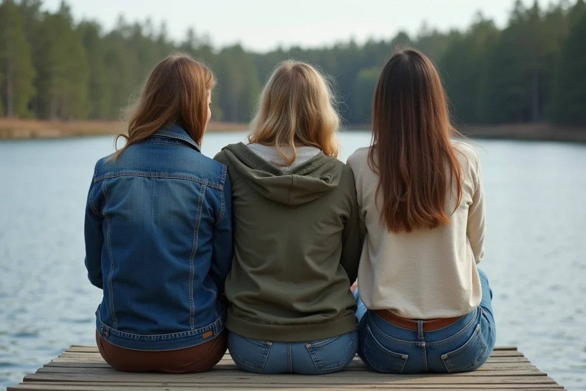 Trois meilleures amies assises sur un ponton au bord d'un lac paisible, partageant un moment de complicit&eacute; authentique