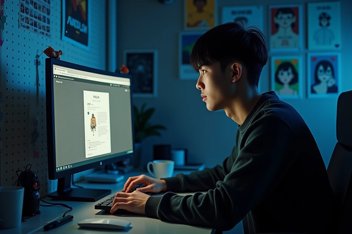 Homme naviguant sur un site de webtoon en ligne depuis son bureau à domicile