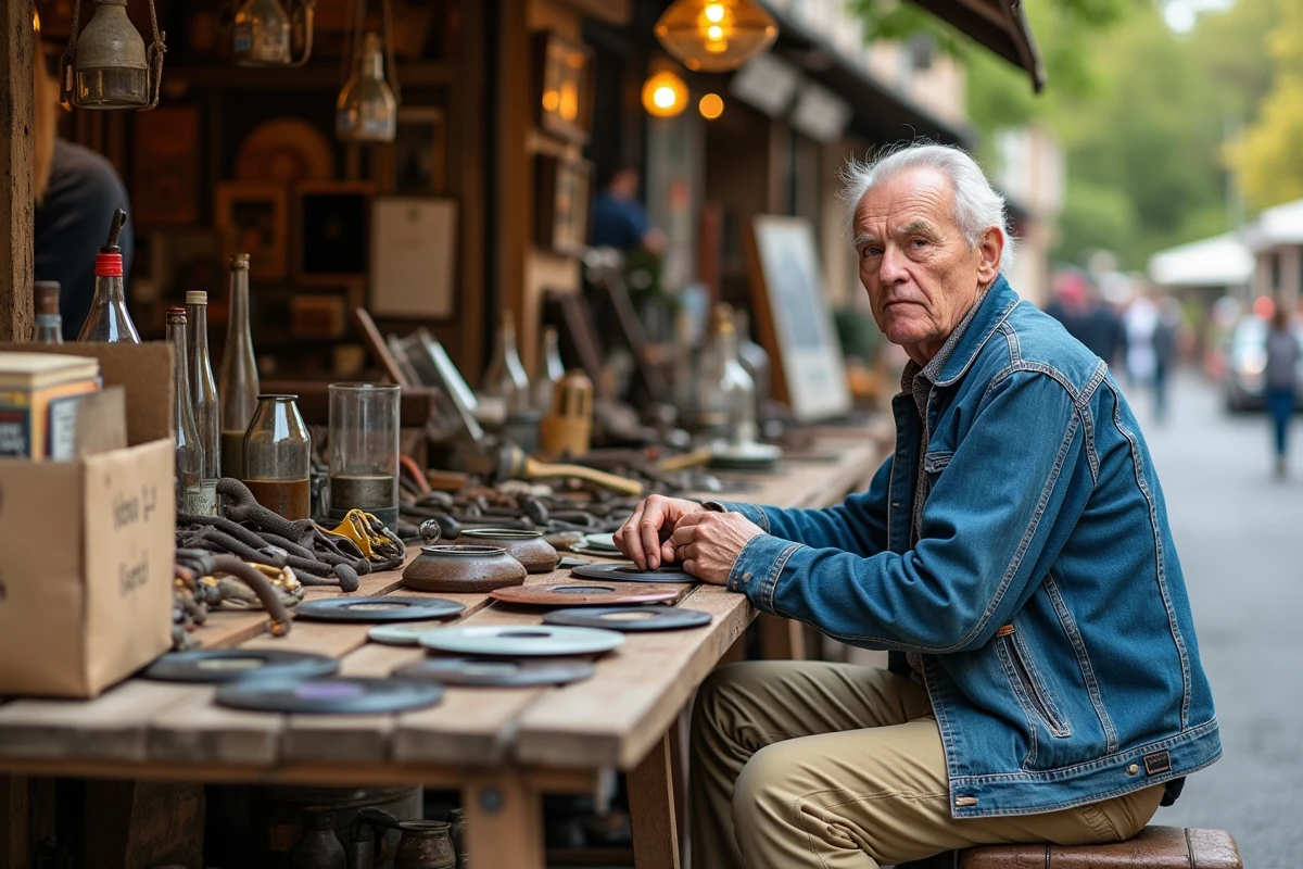 Vendeur assis derrière son étal de vide-grenier avec outils et disques vinyles dans une commune du Lot ou de l'Aveyron