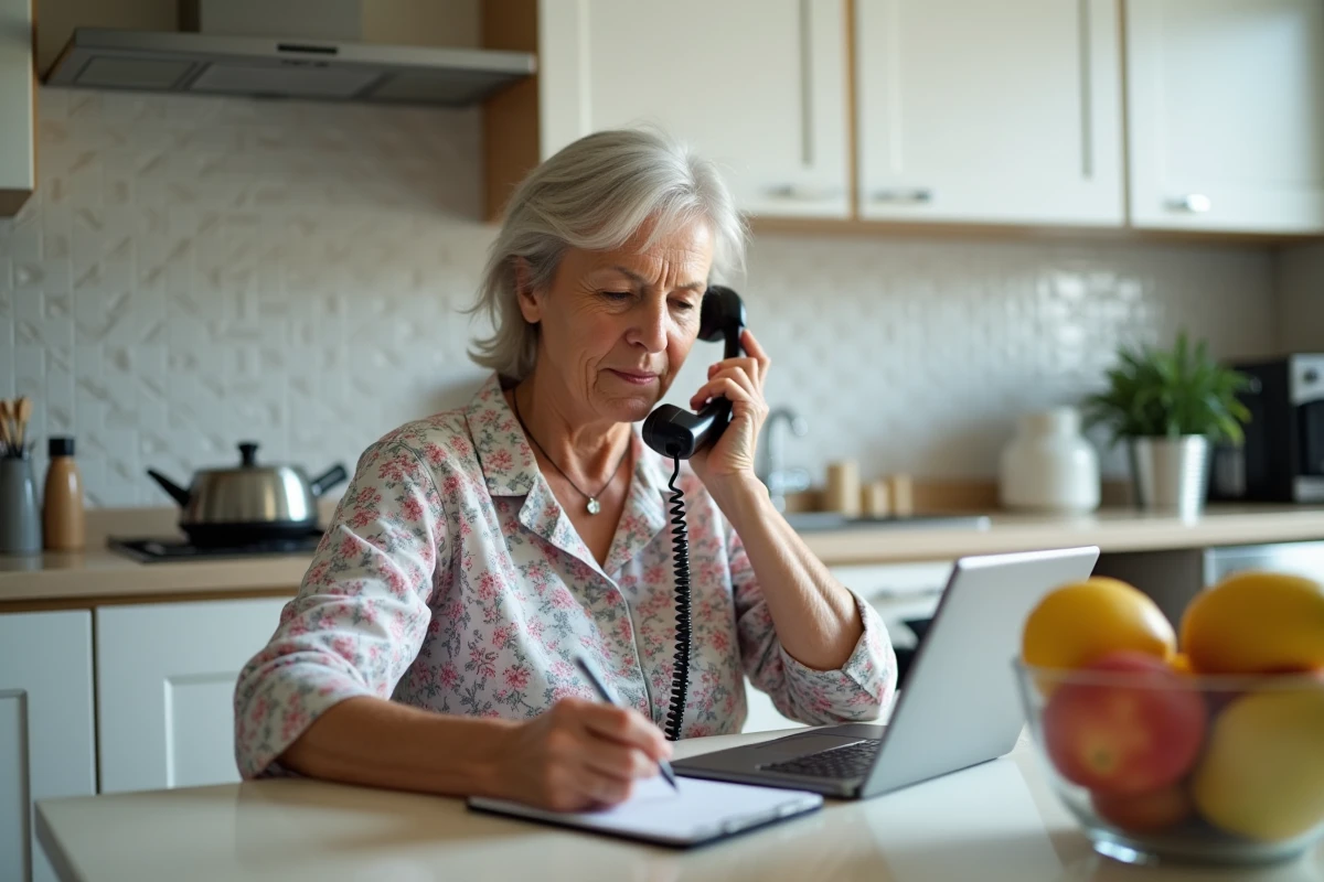 Femme mature v&eacute;rifiant un num&eacute;ro de t&eacute;l&eacute;phone inconnu &agrave; l'aide d'une tablette et d'un carnet dans une cuisine