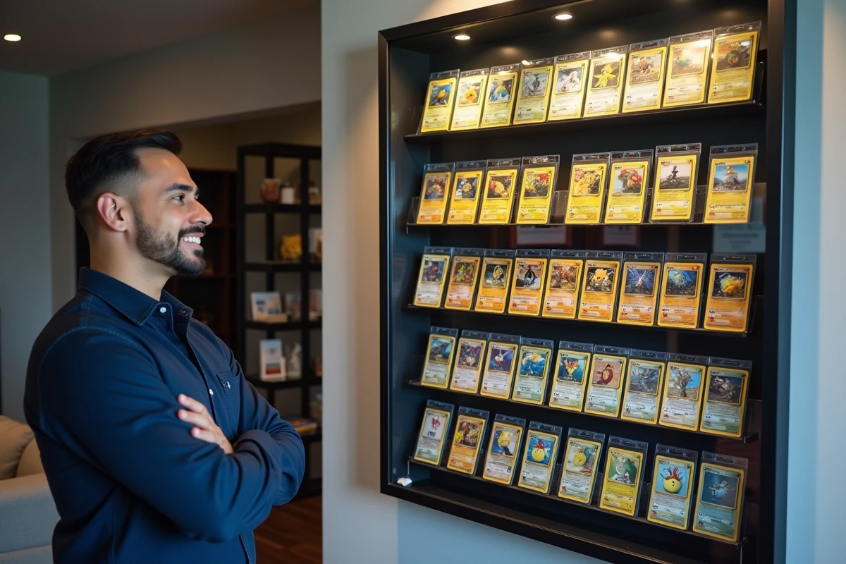 Vitrine murale organis&eacute;e pr&eacute;sentant une collection de cartes Pok&eacute;mon Aventures Ensemble grad&eacute;es et prot&eacute;g&eacute;es dans des supports magn&eacute;tiques premium