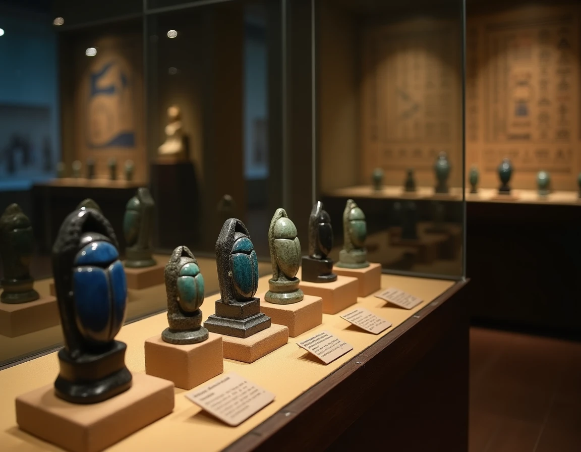 Vitrine mus&eacute;ale pr&eacute;sentant des scarab&eacute;es &eacute;gyptiens en lapis-lazuli et jaspe vert, symboles de sant&eacute; et de travail dans l'&Eacute;gypte ancienne