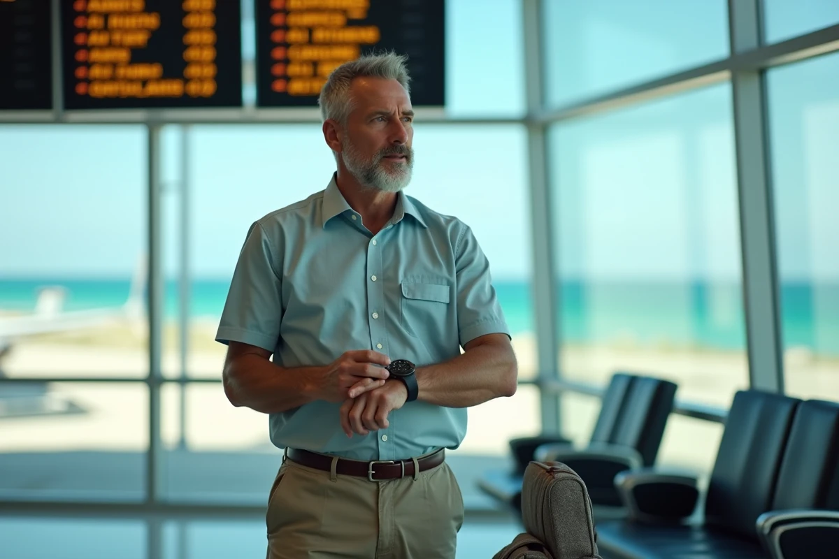 Voyageur ajustant sa montre à l'aéroport de Martinique après un vol transatlantique pour gérer le décalage horaire