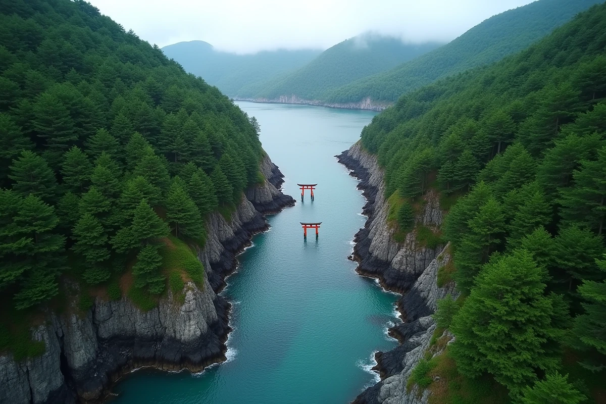 Vue plongeante sur une petite baie japonaise entour&eacute;e de for&ecirc;ts de c&egrave;dres avec un torii rouge au bord de l'eau