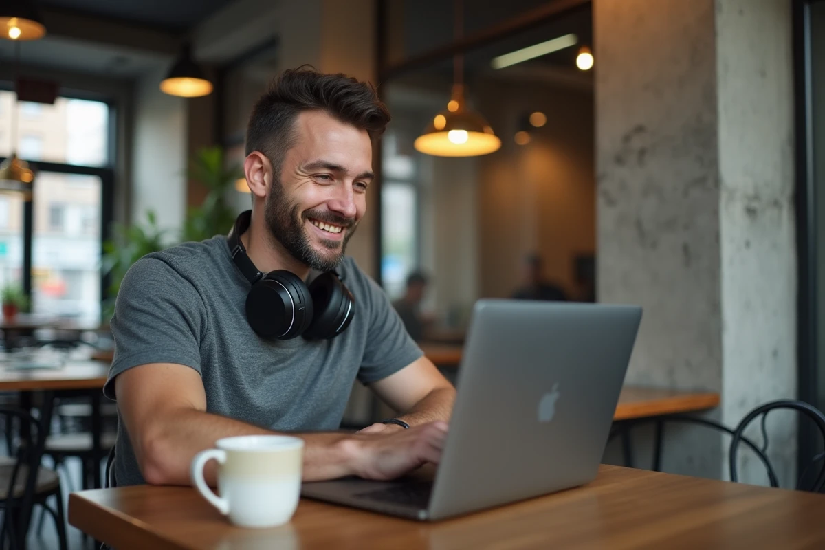 Homme jouant à un war game gratuit en ligne sur laptop dans un café urbain moderne