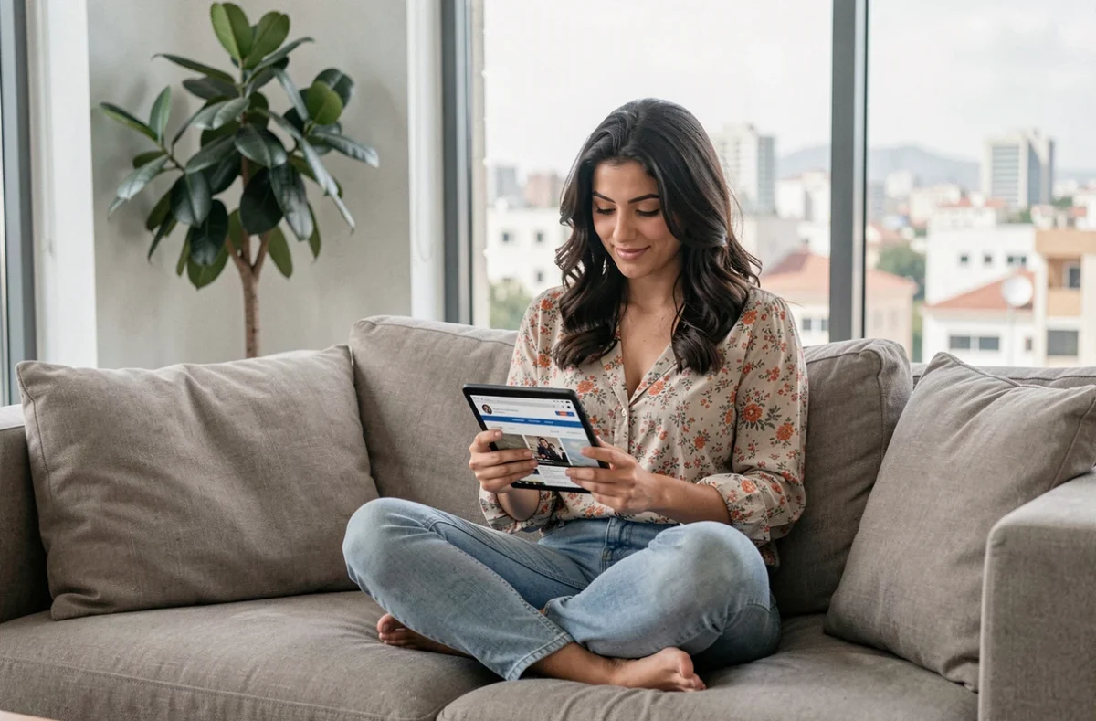 Femme algérienne consultant un abonnement en ligne au journal Elchorouk sur tablette