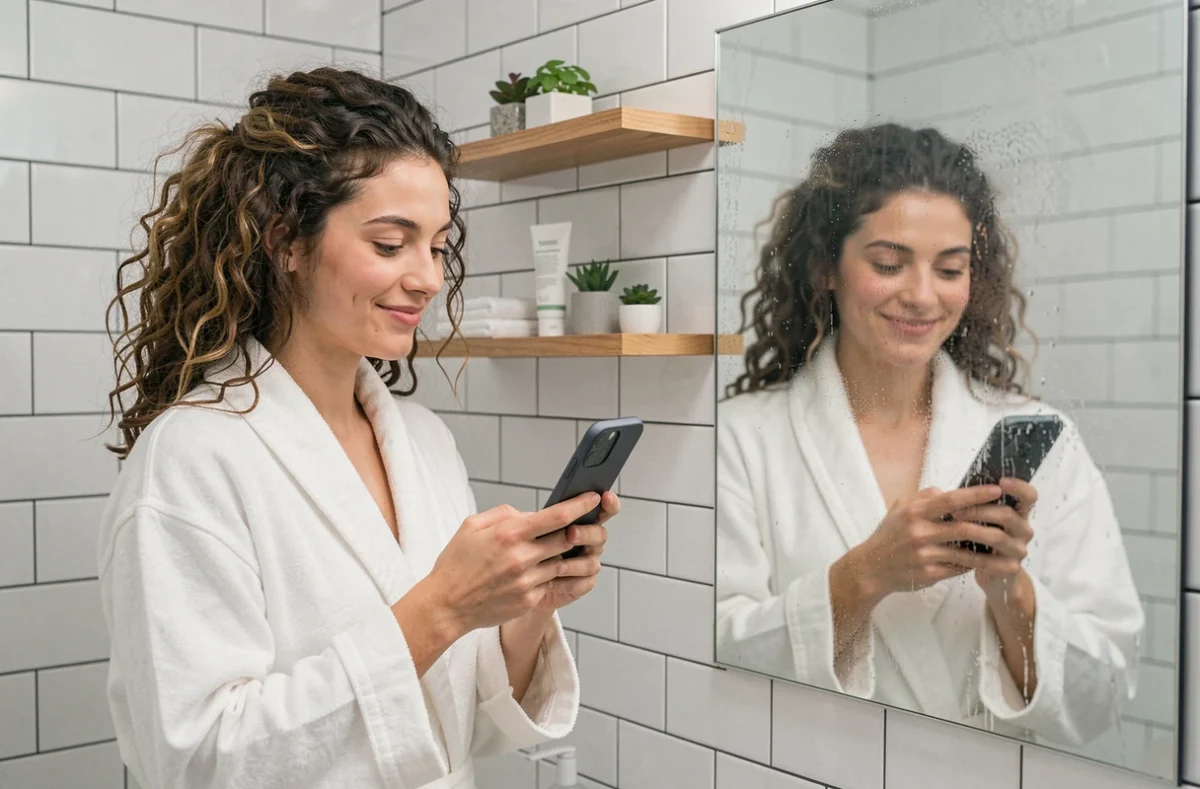 Jeune femme sans maquillage souriante devant son miroir de salle de bain avec son téléphone, illustrant l'acceptation de soi et la routine bienveillante au quotidien