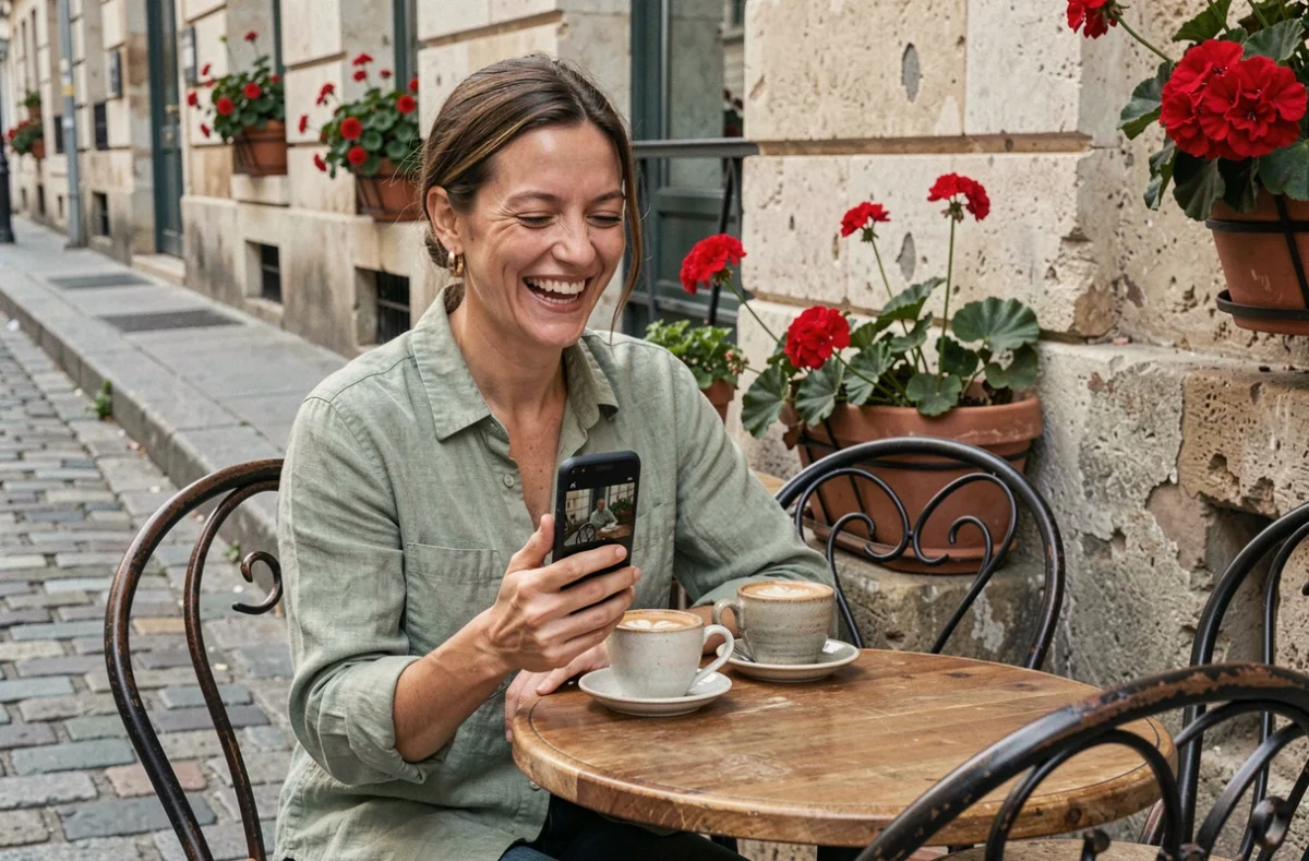 Femme épanouie riant en regardant son téléphone à une terrasse de café parisienne, représentant l'acceptation de soi et la légèreté au quotidien inspirées par TikTok