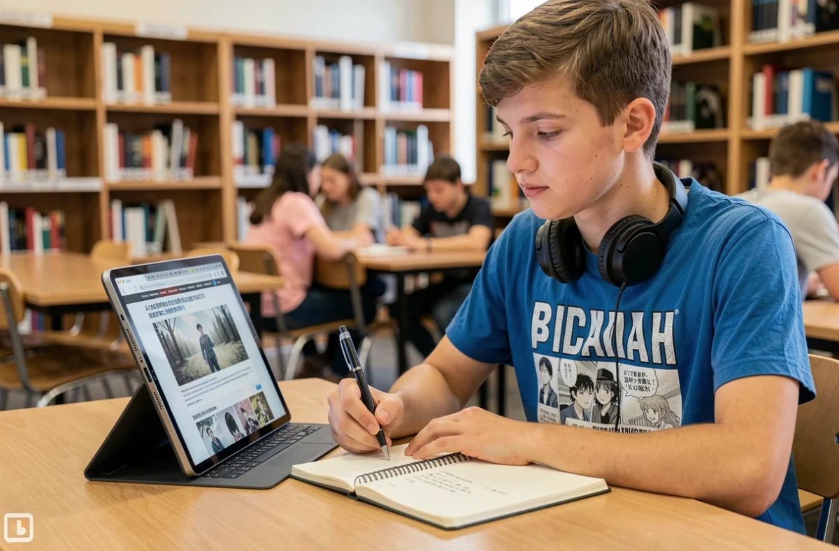 Adolescent recherchant des solutions alternatives pour lire des mangas en ligne depuis une tablette en biblioth&egrave;que