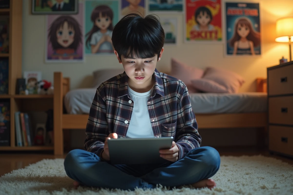 Adolescent naviguant sur un site de manga non officiel depuis une tablette dans sa chambre, avec une expression h&eacute;sitante