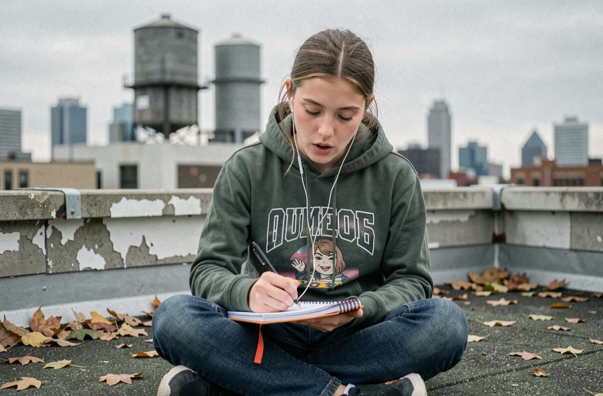 Adolescente composant des paroles de chanson avec rimes sur un toit urbain contemporain