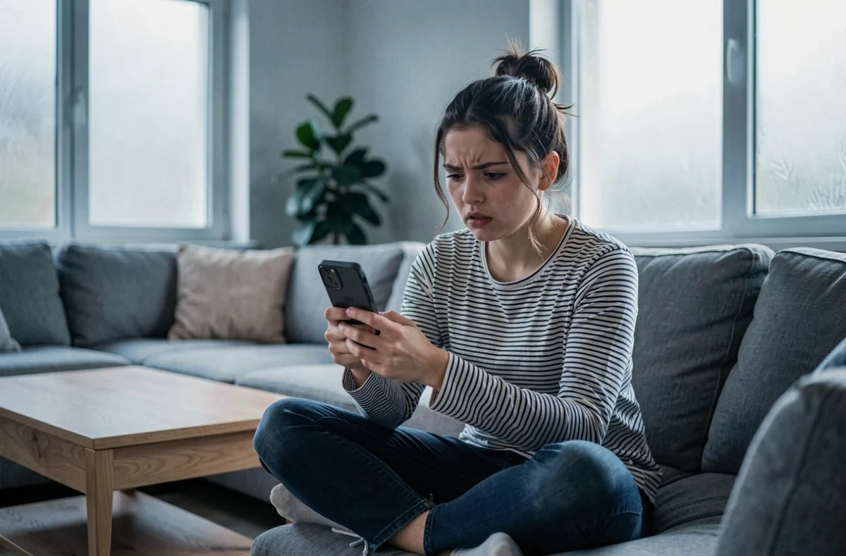 Adolescente absorbée par un jeu .io sur smartphone dans un salon moderne