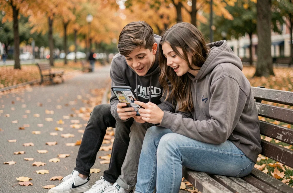 Deux adolescents lisant ensemble un webtoon sur smartphone dans un parc en automne