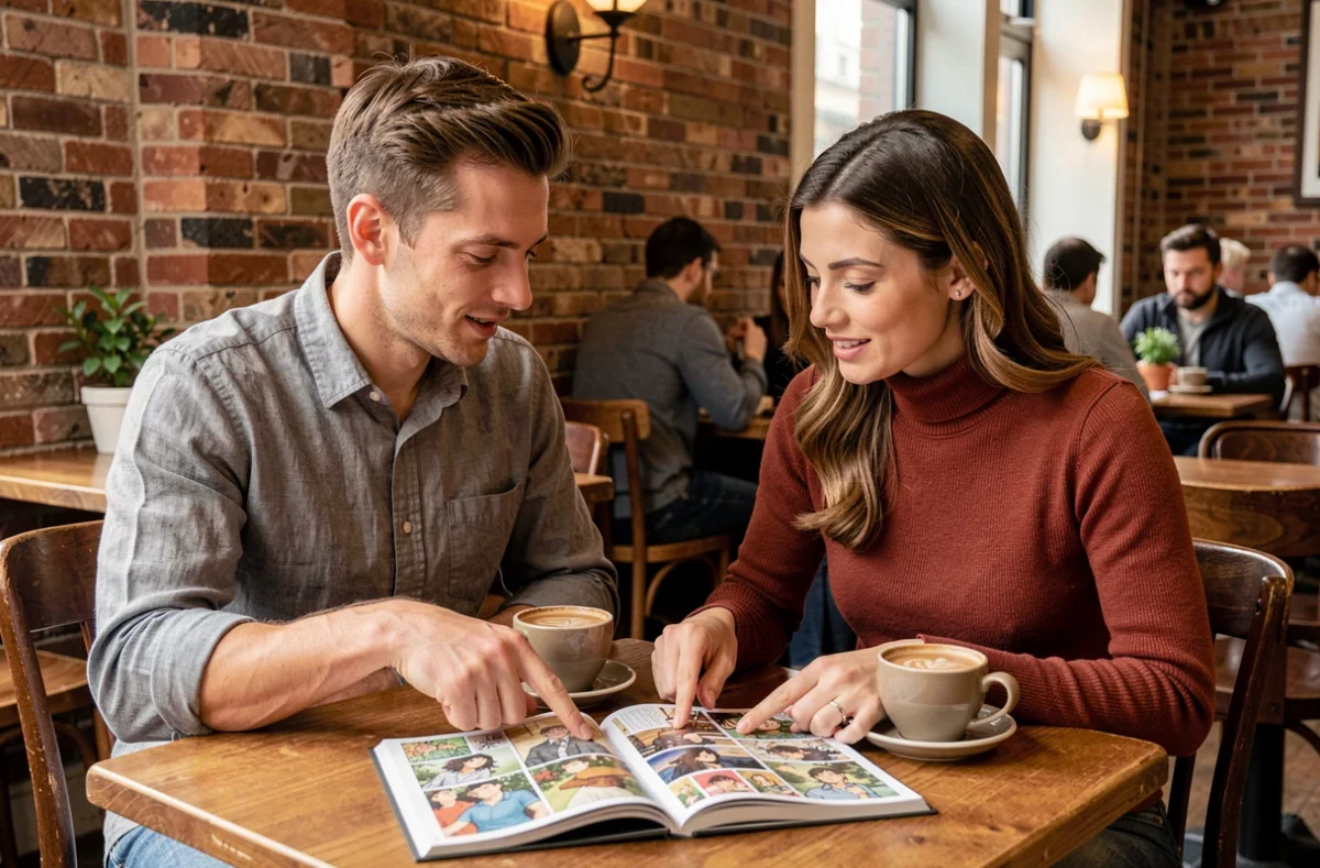 Deux adultes discutant ensemble d'un manga pour grands d&eacute;butants autour d'un caf&eacute; dans un caf&eacute; urbain chaleureux