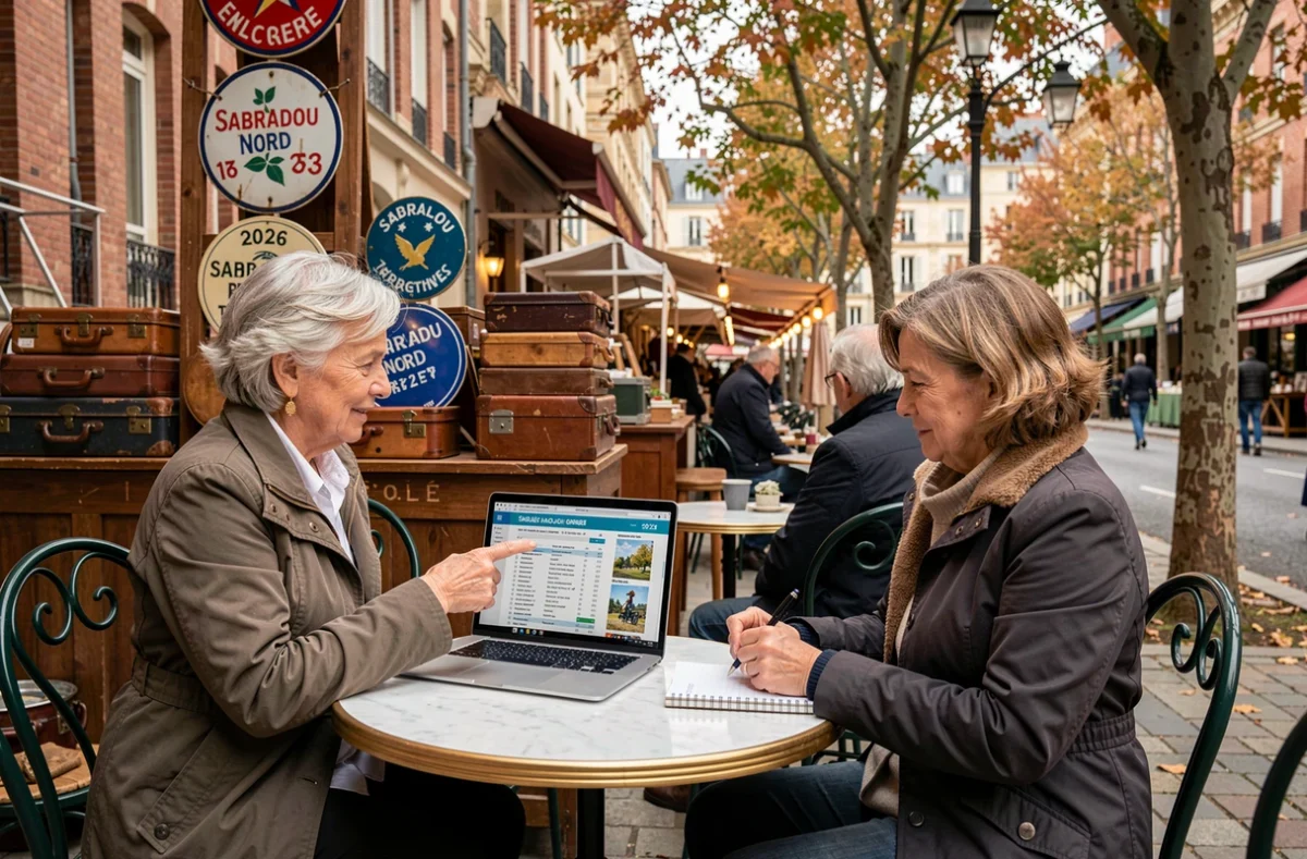 Deux chineuses planifient leur agenda brocante 2026 sur un ordinateur portable &agrave; la terrasse d'un caf&eacute; dans le nord de la France
