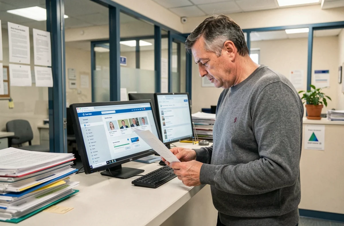 Agent hospitalier consultant son dossier CGOS au comptoir administratif d'un établissement de santé