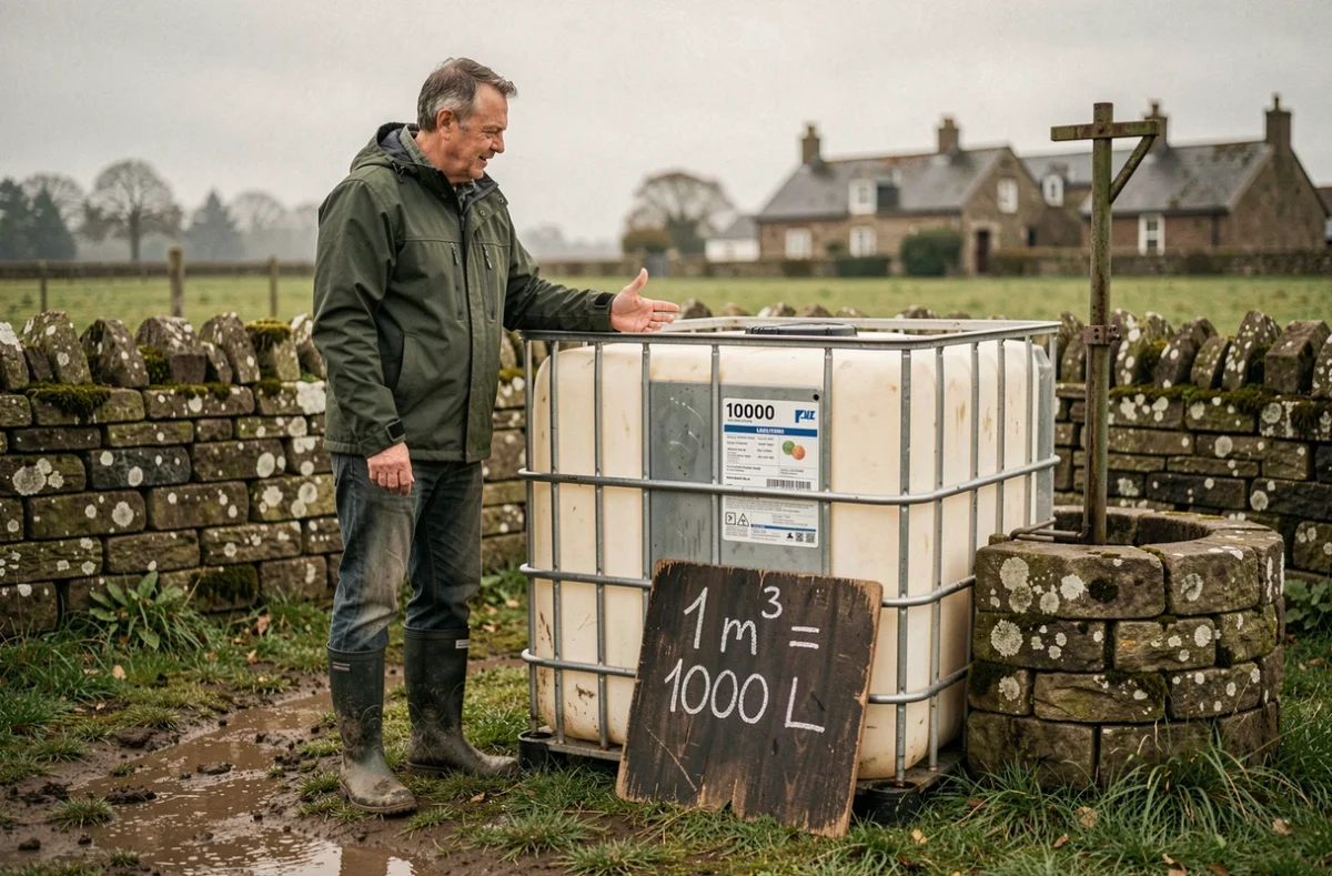 Agriculteur debout à côté d'un conteneur IBC de 1000 litres en milieu rural, illustrant visuellement la correspondance entre un mètre cube et mille litres d'eau