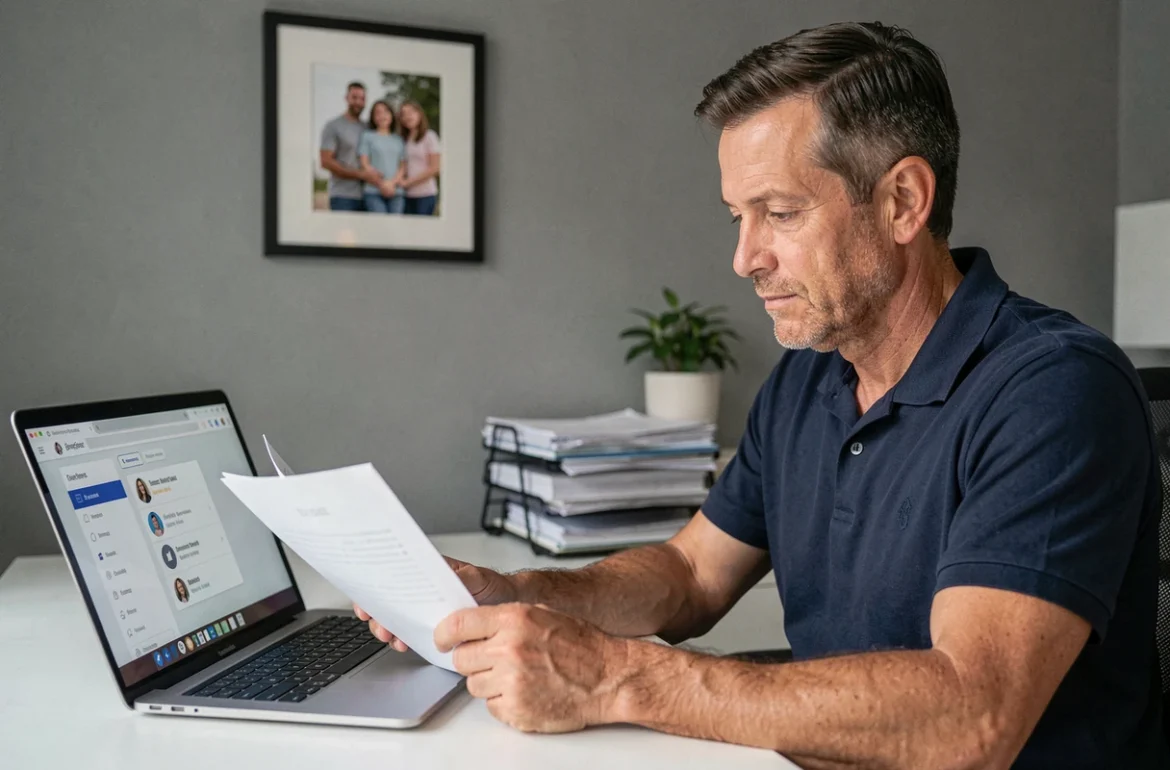 Un aidant familial masculin consultant une plateforme numérique de suivi mémoriel depuis son bureau à domicile avec documents et ordinateur portable