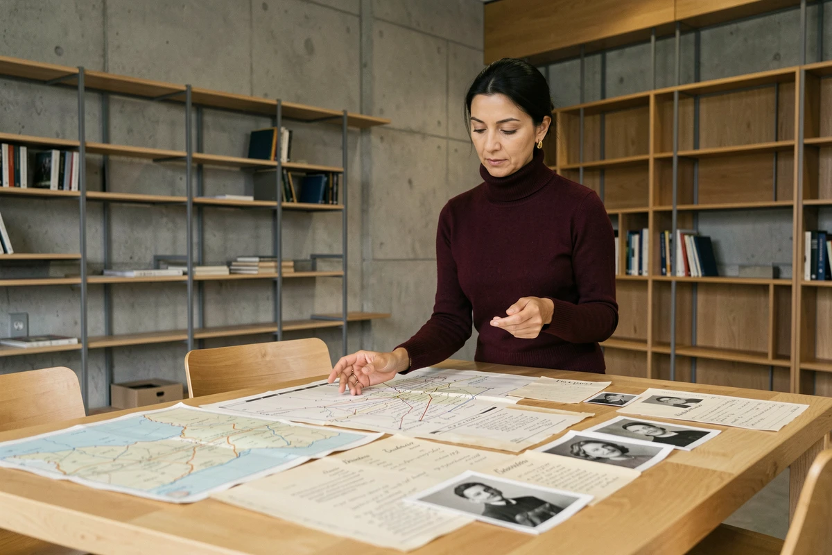Femme chercheuse examinant des registres g&eacute;n&eacute;alogiques et des cartes de patronymes dans une biblioth&egrave;que moderne, illustrant l'enqu&ecirc;te sur le nom Amal Laoui