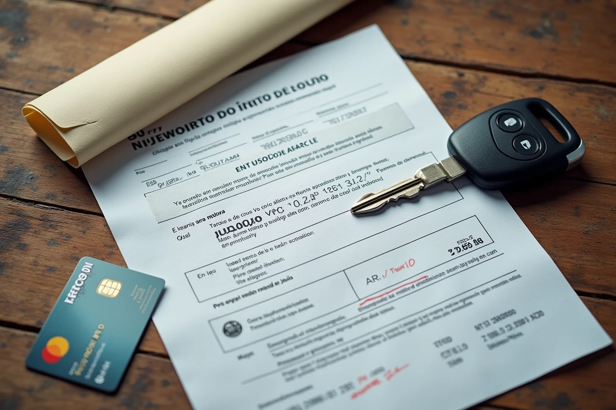 Amende de circulation espagnole pos&eacute;e sur une table avec cl&eacute; de voiture de location et contrat de location