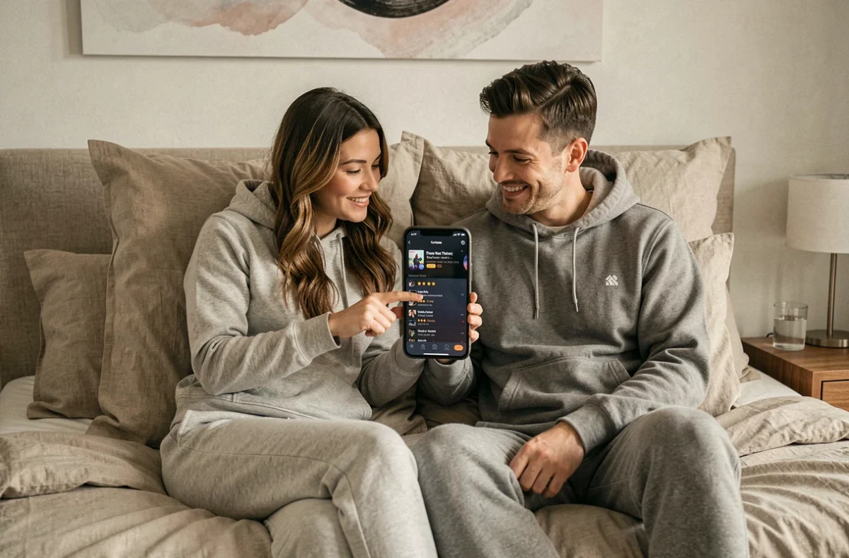 Deux amis choisissant ensemble leur prochaine s&eacute;rie &agrave; regarder sur un smartphone dans une chambre d&eacute;tendue et confortable